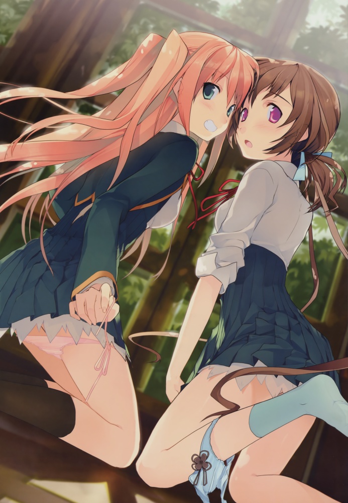 10s 2girls akinashi_yuu aomi_isara black_socks brown_hair green_eyes grin hair_ribbon kneehighs kneeling koi_to_senkyo_to_chocolate looking_back multiple_girls open_mouth orange_hair panties panties_around_leg panty_pull pink_panties pleated_skirt purple_eyes ribbon school_uniform side-tie_panties skirt sleeves_pushed_up smile socks sumiyoshi_chisato teeth twintails underwear yuri