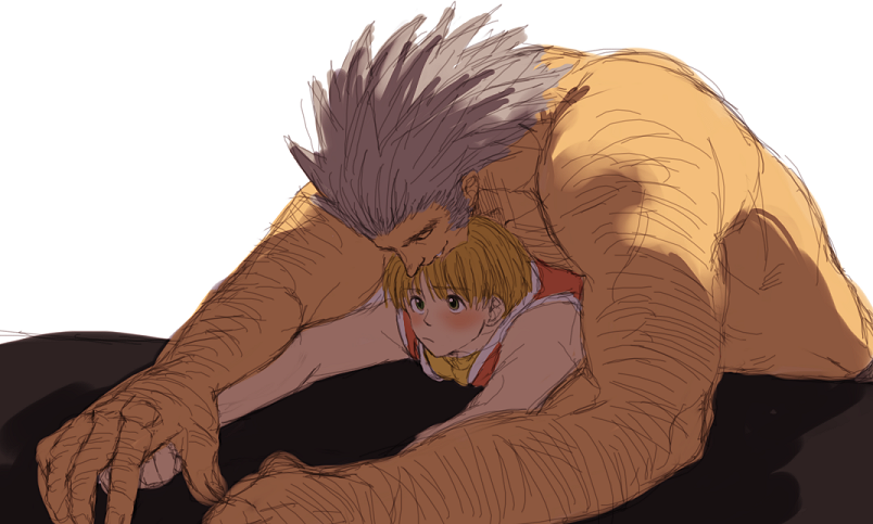 2boys arm_hair bara blonde_hair blush boy_on_top chest_hair closed_eyes closed_mouth couple facial_hair green_eyes hanba_guyokota holding_hands hunter_x_hunter looking_up male_focus medium_hair multiple_boys muscular muscular_male mutton_chops shalnark short_hair simple_background size_difference skinny smile spiked_hair topless_male upper_body uvogin white_background yaoi
