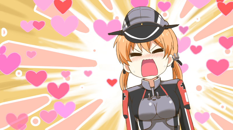 1girl blush closed_eyes cosplay crossover derivative_work gekkan_shoujo_nozaki-kun gradient_background heart kantai_collection ookawa_wataru ozawa_ari prinz_eugen_(kancolle) prinz_eugen_(kancolle)_(cosplay) sakura_chiyo vector_trace voice_actor_connection wavy_mouth