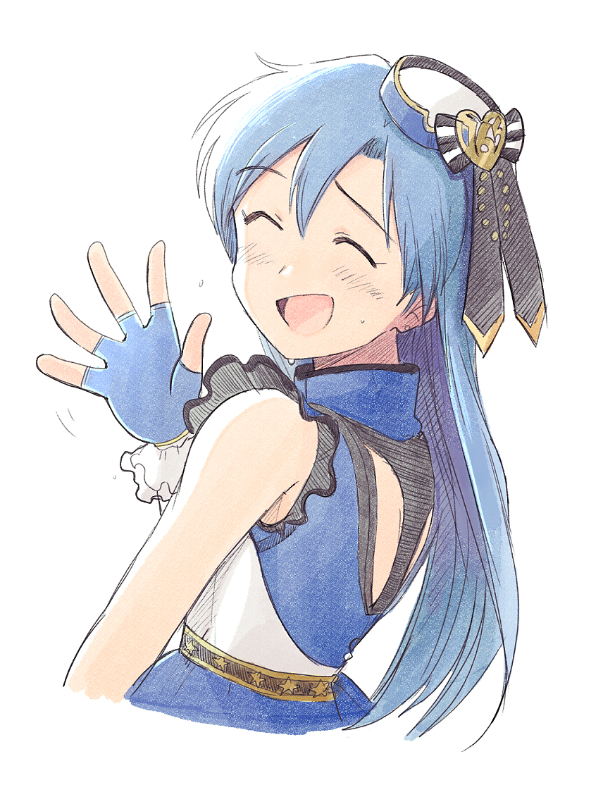 1girl blue_gloves blue_hair closed_eyes facing_back fingerless_gloves from_behind gloves hand_up hat idol_clothes idolmaster idolmaster_(classic) idolmaster_stella_stage kisaragi_chihaya long_hair open_mouth simple_background sleeveless smile solo top!_clover_(idolmaster) tsubobot waving white_background