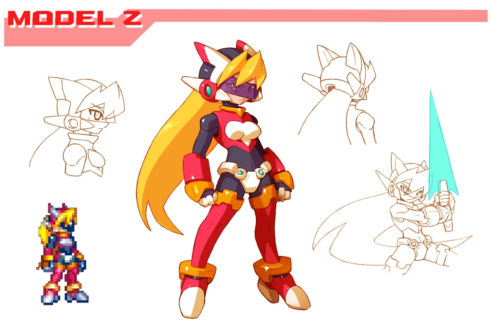 1girl abs alternate_costume armor blonde_hair blue_eyes bodystocking boots breasts ciel_(mega_man) codpiece full_body gauntlets helmet high_heel_boots high_heels long_hair mega_man_(series) mega_man_zero_(series) mega_man_zx model_z_(mega_man) sleeveless small_breasts sprite_art thigh_boots thighs tomycase white_background