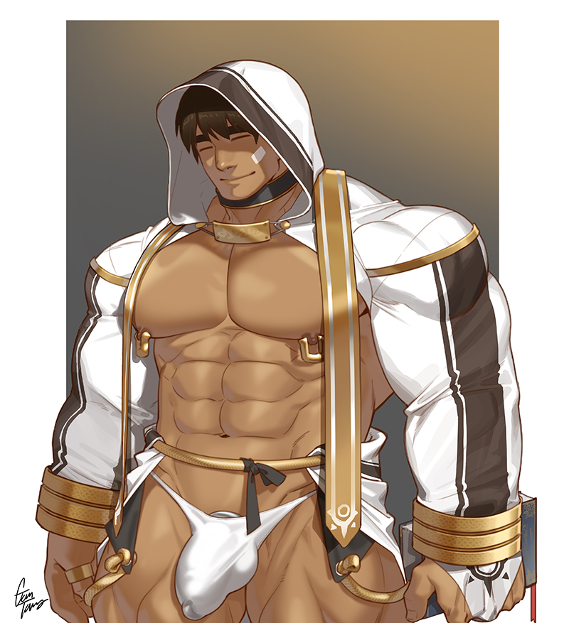 1boy abs artist_name bandaid bandaid_on_face bara bible_(object) black_hair bulge character_request closed_eyes dark-skinned_male dark_skin feet_out_of_frame gomtang hood hooded_jacket jacket jewelry large_pectorals male_focus male_underwear manly mature_male muscular muscular_arms muscular_legs muscular_male navel nipple_piercing nipples open_clothes open_jacket original pectorals piercing priest ring short_hair signature simple_background smile solo thick_eyebrows thighs underwear