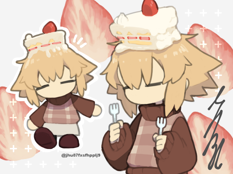1girl =_= blonde_hair brown_sweater cake cake_on_head cake_slice chibi chibi_inset closed_eyes deformed food food_on_head food_print fork fruit_print grey_background hair_flaps holding holding_fork long_sleeves no_mouth notice_lines object_on_head outline plaid_clothes plaid_sweater_vest plaid_vest regurusu_(nagarevosi) short_hair_with_long_locks sidelocks simple_background strawberry_print sweater sweater_vest twitter_username urotsuki vest white_outline yume_2kki