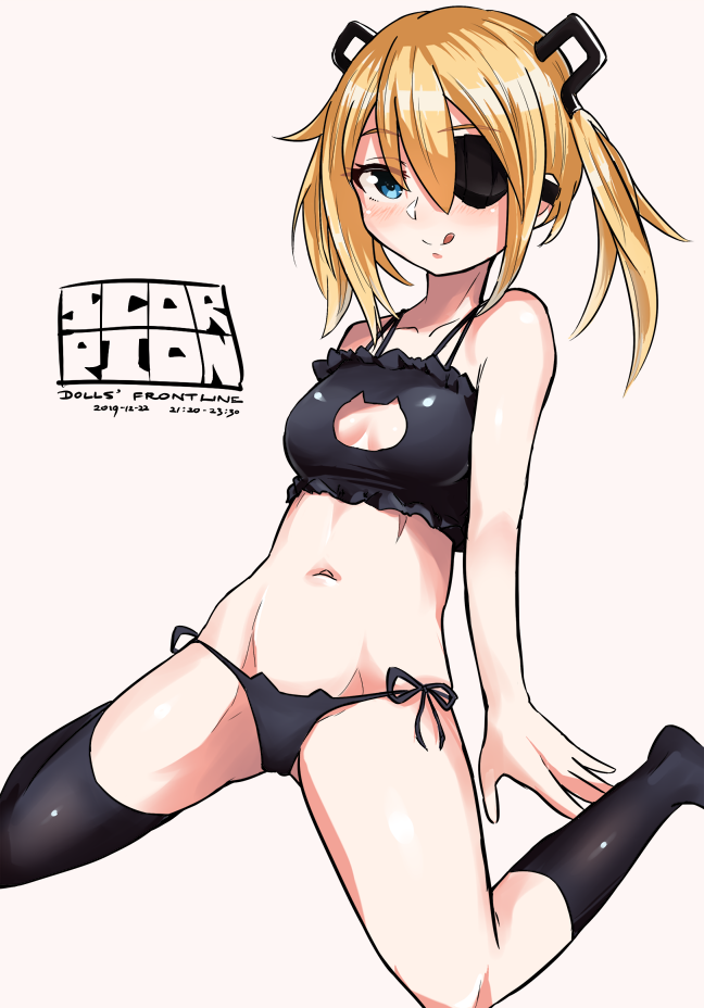 1girl arm_support black_bra black_panties black_socks blonde_hair blue_eyes blush bra breasts cat_lingerie character_name cleavage cleavage_cutout closed_mouth clothing_cutout collarbone copyright_name dated eyebrows eyelashes eyepatch female_focus foot_out_of_frame girls&#039;_frontline grey_background leaning_back looking_at_viewer medium_hair meme_attire navel niceratus_kiotensis panties petite simple_background sitting skorpion_(girls&#039;_frontline) small_breasts smile socks solo tongue tongue_out twintails underwear wariza