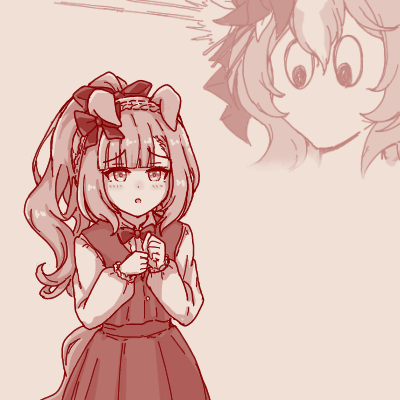 2girls animal_ears blunt_bangs bow bowtie braid brown_theme character_request commentary_request cowboy_shot crown_braid dress ear_bow ears_down hair_bow high_ponytail horse_ears horse_girl long_hair long_sleeves lowres monochrome multiple_girls no_mouth open_mouth pinafore_dress ponytail shiodanx simple_background sleeveless sleeveless_dress umamusume