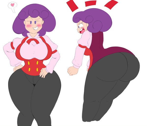 1girl aged_up artist_request ass blush breasts burgundy_(pokemon) curly_hair curvy female_focus heart huge_ass nintendo pants pokemon pokemon_(anime) pokemon_bw_(anime) purple_eyes purple_hair sleeve_garter solo vest