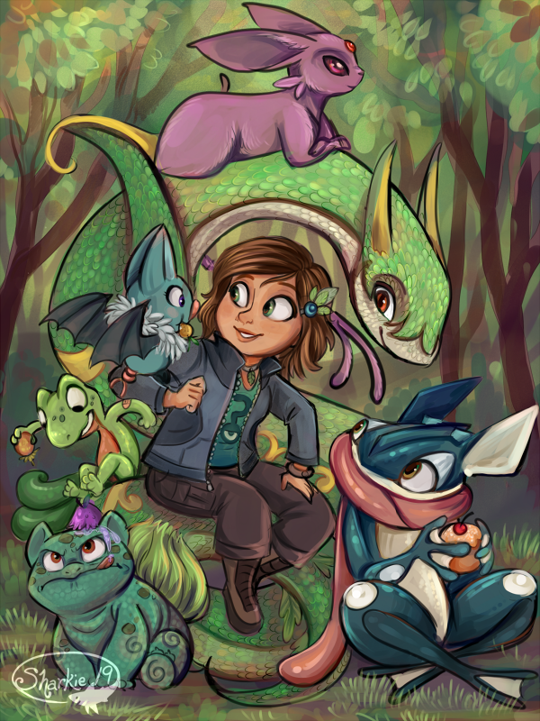 1girl animal_on_arm aqua_shirt artist_name berry blue_coat boots brown_boots brown_hair brown_pants bulbasaur choker coat commentary creatures_(company) cupcake eating espeon food forest full_body game_freak gen_1_pokemon gen_2_pokemon gen_3_pokemon gen_5_pokemon gen_6_pokemon grass green_eyes greninja grey_choker hair_ornament holding holding_food leaf_hair_ornament looking_at_animal medium_hair nature nintendo original outdoors pants parted_lips pokemon pokemon_(creature) serperior sharkie-19 shirt sitting sitting_on_animal smile swoobat tree treecko