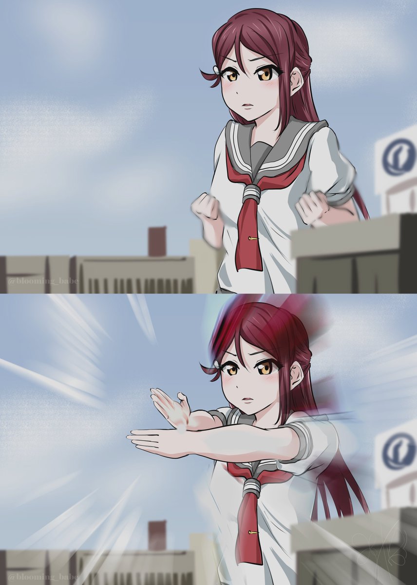 1girl beam building charging highres image_sample koharu_madara_(blooming_babe) love_live! love_live!_sunshine!! parody red_hair sakurauchi_riko school_uniform sleeveless twitter_sample ultra_series ultraman_tiga_(series) yellow_eyes