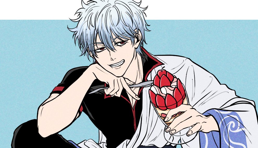 1boy black_pants black_shirt blue_background commentary commentary_request cup food fruit gintama grey_hair grin hadanugi_dousa hair_between_eyes holding holding_food holding_spoon japanese_clothes kimono long_sleeves looking_at_viewer male_focus open_clothes open_kimono pants parfait pike_121 popped_collar red_eyes sakata_gintoki shirt short_sleeves smile solo spoon strawberry teeth two-tone_background upper_body white_kimono wide_sleeves