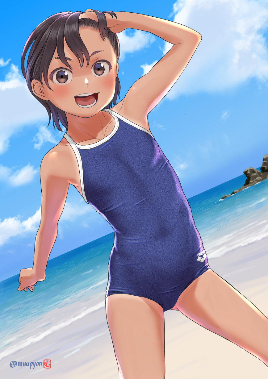 1girl arena_(company) artist_logo beach black_hair blue_one-piece_swimsuit blue_sky brown_eyes child cloud commentary_request competition_school_swimsuit day dutch_angle flat_chest highres horizon logo mu-pyon ocean one-piece_swimsuit one-piece_tan open_mouth original outdoors school_swimsuit short_hair sky smile solo standing swimsuit tan tanline twitter_username