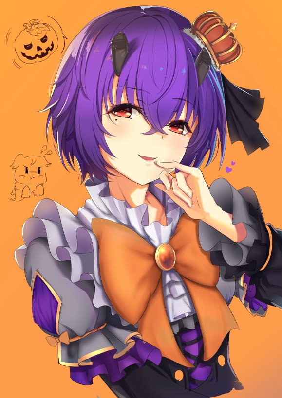 1girl demon_girl demon_horns hair_between_eyes halloween halloween_costume horns looking_at_viewer maza_kisuke princess_connect! purple_hair red_eyes shinobu_(princess_connect!) short_hair smile