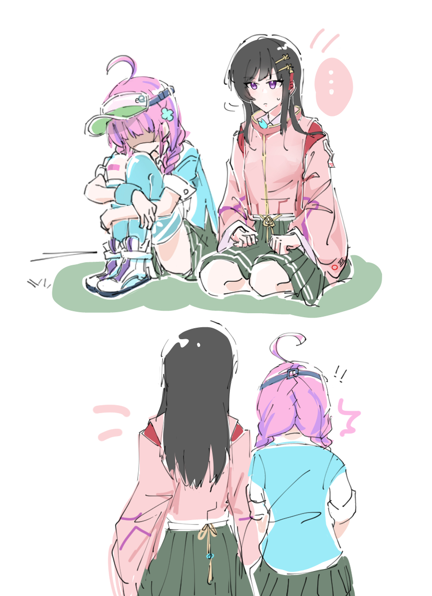 2girls ahoge black_hair blush braid date_akari hair_ornament heaven_burns_red hugging_own_legs long_hair multicolored_hair multiple_girls nikaidou_misato purple_eyes purple_hair rantan_0925 sidelocks sitting skirt sportswear streaked_hair tassel tassel_hair_ornament tennis_uniform twin_braids visor_cap wide_sleeves yuri