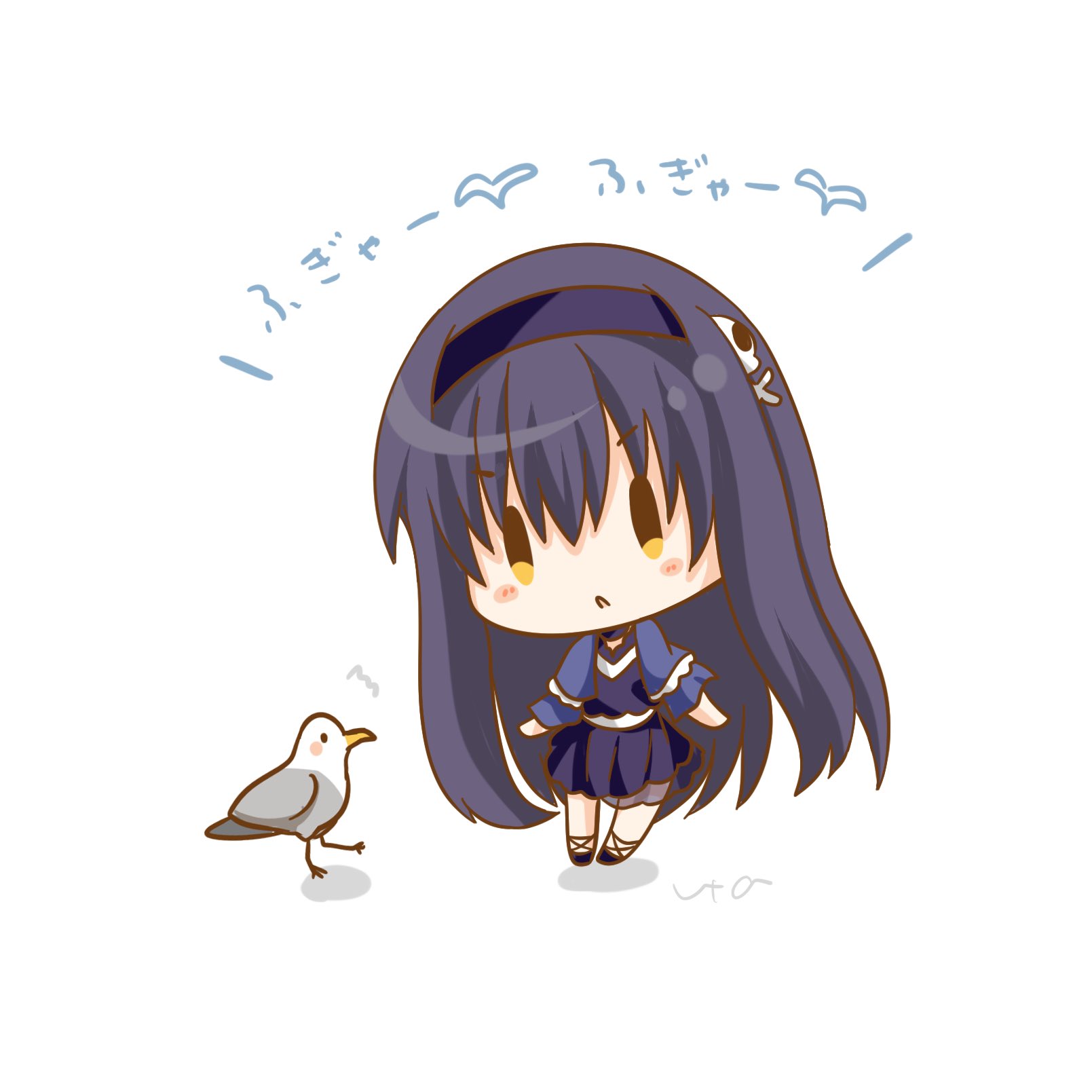 1girl bird black_hair blue_capelet blue_dress blue_hairband bone_hair_ornament capelet chibi dress frilled_capelet frills full_body hair_ornament hairband highres kushima_kamome long_hair seagull shoes simple_background skull_and_crossbones skull_hair_ornament solo standing summer_pockets translated ura_(ura-tennislove) white_background yellow_eyes