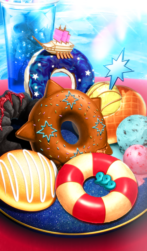 blue_background commentary cup donut drink drinking_glass eight-pointed_star fate/grand_order fate_(series) food food_focus hayosena ice ice_cream ice_cube icing lifebuoy magatama melting no_humans official_art plate ship sprinkles star_(symbol) still_life swim_ring third-party_source waffle watercraft