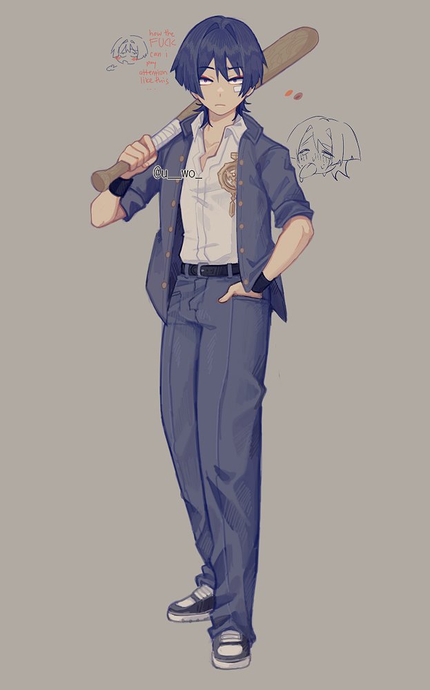 1boy alternate_costume arm_at_side bandaid bandaid_on_face baseball_bat belt black_belt black_hair black_shoes blunt_ends carbuncly casual closed_mouth collared_shirt contemporary delinquent disembodied_head english_text eyeliner eyeshadow full_body genshin_impact grey_background grey_jacket grey_pants grey_sleeves hand_in_pocket hand_up holding holding_baseball_bat jacket makeup male_focus open_clothes open_jacket pants partially_unbuttoned raised_eyebrow red_eyeliner red_eyeshadow sanpaku scaramouche_(genshin_impact) shirt shoes short_sleeves sleeves_rolled_up sneakers solo twitter_username white_shirt white_undershirt wispy_bangs wristband