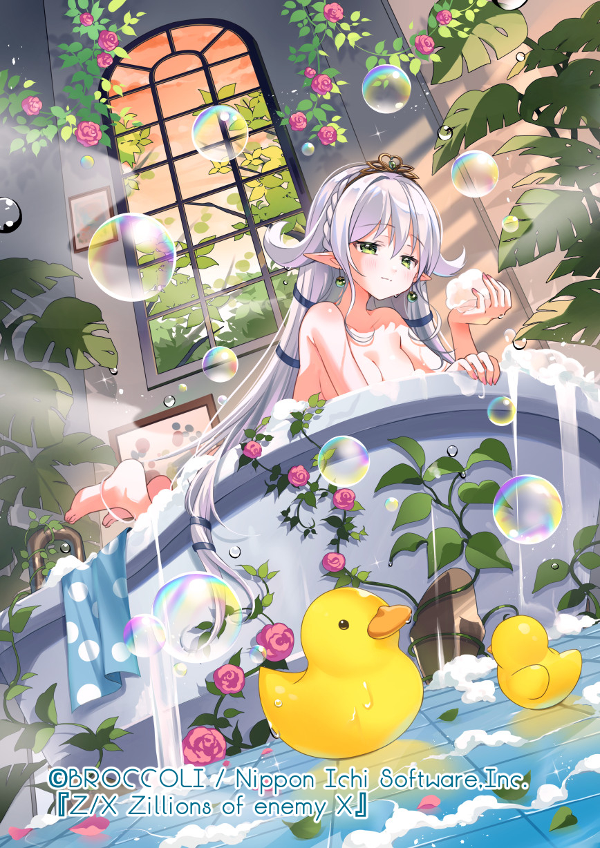 07touka25 1girl bathing bathroom bathtub breasts earrings green_eyes grey_hair highres jewelry long_hair medium_breasts nude partially_submerged pointy_ears rubber_duck soap_bubbles solo tiara water window z/x
