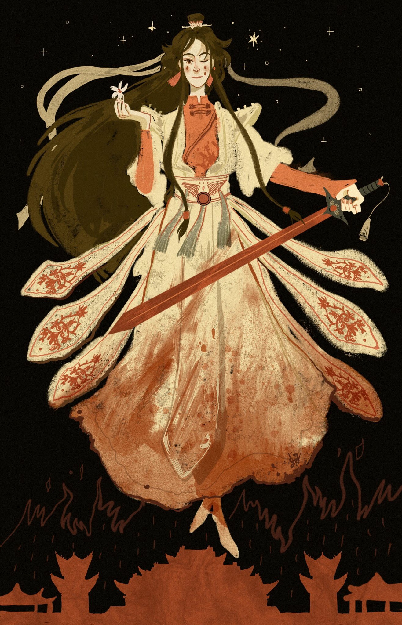 1boy belt black_background blood blood_on_clothes brown_hair building burning chinese_clothes earrings fire flower full_body hair_ornament hair_ribbon hanfu hashtag-only_commentary high_collar highres holding holding_flower holding_sword holding_weapon jewelry layered_clothes long_hair long_sleeves looking_at_viewer male_focus night night_sky one_eye_closed outdoors red_shirt ribbon robe shirt sky smile solo spoilers standing star_(sky) starry_sky sword sword_tassel tassel tassel_earrings teardrop_facial_mark tears tianguan_cifu very_long_hair weapon white_flower white_ribbon white_robe xie_lian xie_lian_(flower_crowned_martial_god) yaroslava_murashko