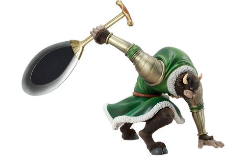 1boy 3d armor bull cow_horns dalton_(one_piece) drum_island figure full_body fur_trim horns lowres male_focus monster_boy one_piece solo transformation weapon