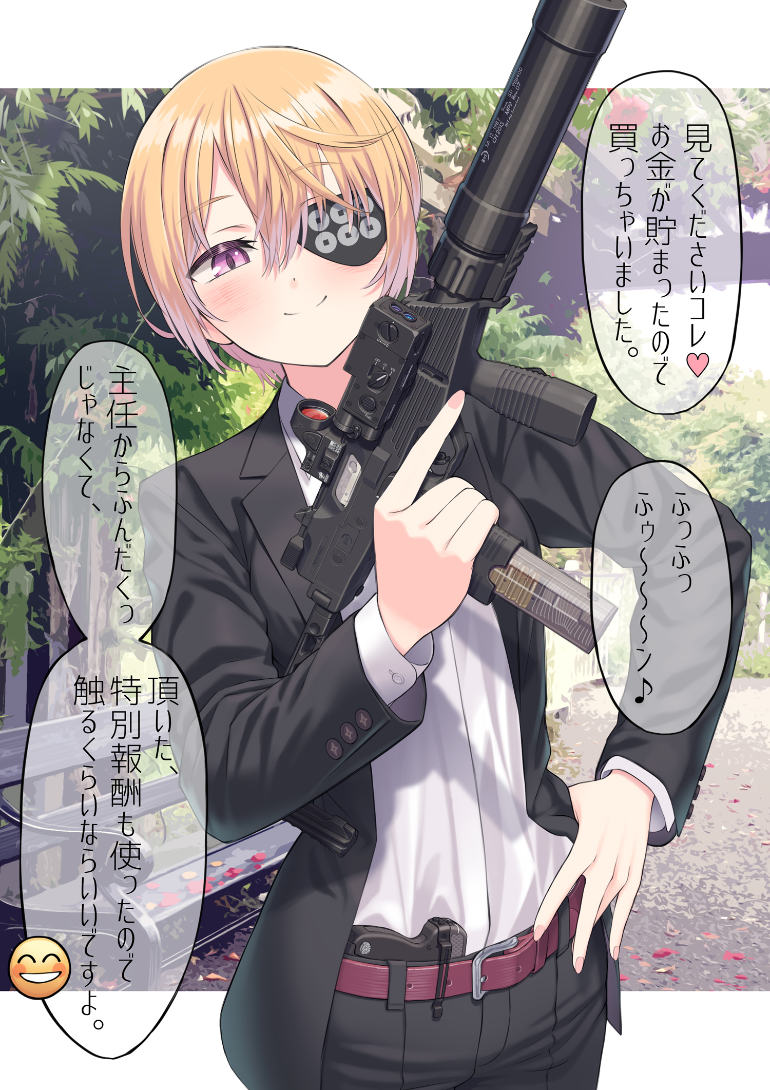 1girl b&t_mp9 black_pants black_suit blonde_hair blush collared_shirt concealed_weapon eyepatch formal_clothes gun hand_on_own_hip handgun highres holding holding_gun holding_weapon kirika_sanada_(samaru) long_sleeves looking_at_viewer original pants pistol pocket_pistol purple_eyes samaru_(seiga) shirt short_hair smile solo speech_bubble submachine_gun suit suppressor taurus_curve translation_request trigger_discipline upper_body weapon white_shirt