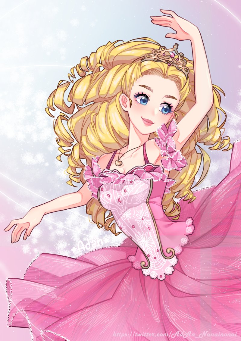 1girl adan_nanainonai arm_up ballerina ballet ballet_dress barbie_(character) barbie_(franchise) barbie_in_the_nutcracker barbie_movies blonde_hair blue_eyes clara_(barbie) clara_(the_nutcracker) crown curly_hair dancer dancing dress eyelashes frilled_sleeves frills hair_pulled_back heart heart_necklace jewelry necklace outstretched_arm pink_dress princess ringlets sparkle sparkle_background the_nutcracker tiara tutu