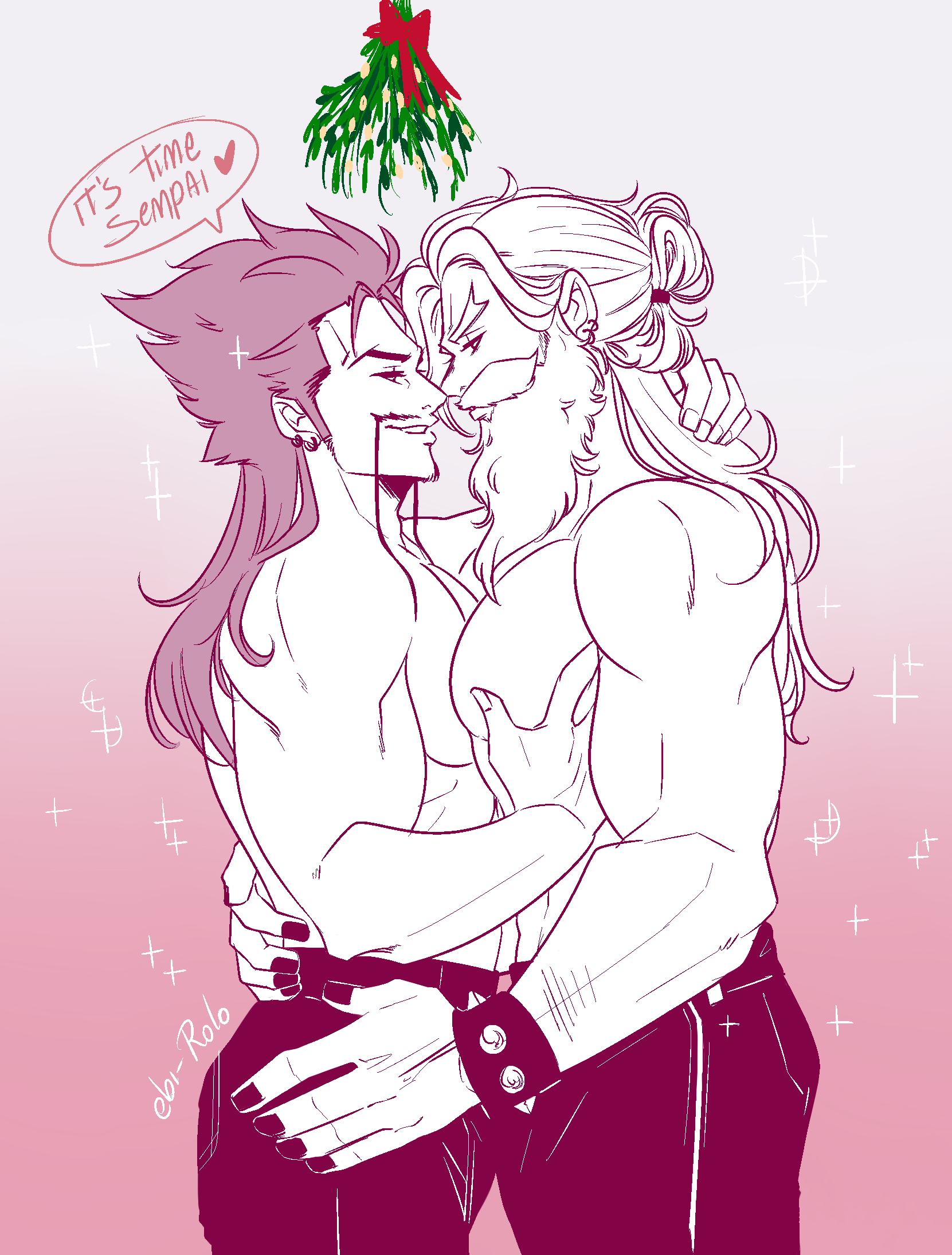 abs bara beard christmas couple draven english_text eye_contact facial_hair feet_out_of_frame foreplay forked_tongue from_side goatee hand_on_another&#039;s_waist highres large_hands large_pectorals league_of_legends long_beard long_hair long_mustache looking_at_another male_focus mature_male mistletoe muscular muscular_male mustache no_nipples olaf_(league_of_legends) pants pectoral_grab pectorals pink_theme playing_with_another&#039;s_hair profile rolo&#039;s_art seductive_smile smile sparkle_background speech_bubble standing thick_eyebrows thick_mustache tongue yaoi