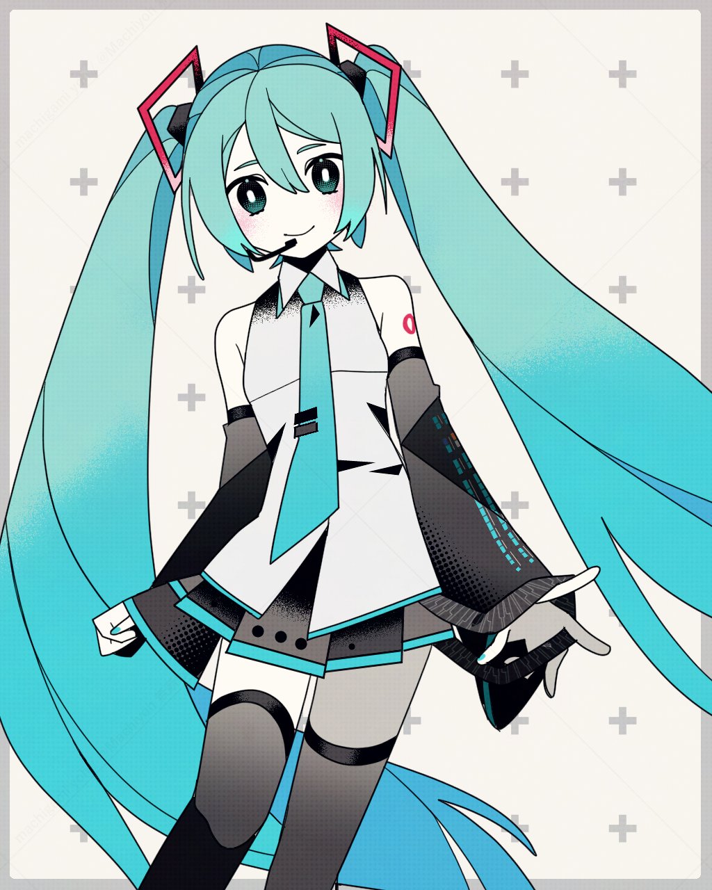 1girl aqua_eyes aqua_hair aqua_necktie bare_shoulders black_skirt black_sleeves bright_pupils closed_mouth detached_sleeves hair_between_eyes hair_ornament hatsune_miku headset highres long_hair long_sleeves looking_at_viewer machigami_yoh miniskirt necktie pleated_skirt shirt skirt sleeveless sleeveless_shirt smile solo thighhighs twintails very_long_hair vocaloid white_pupils zettai_ryouiki