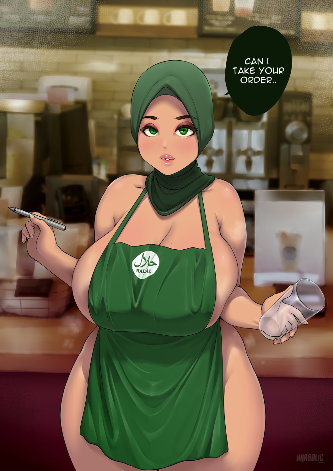1girl apron breasts english_text highres hijab iced_latte_with_breast_milk_(meme) islam large_breasts meme mole mole_on_breast naked_apron nigaw solo tagme