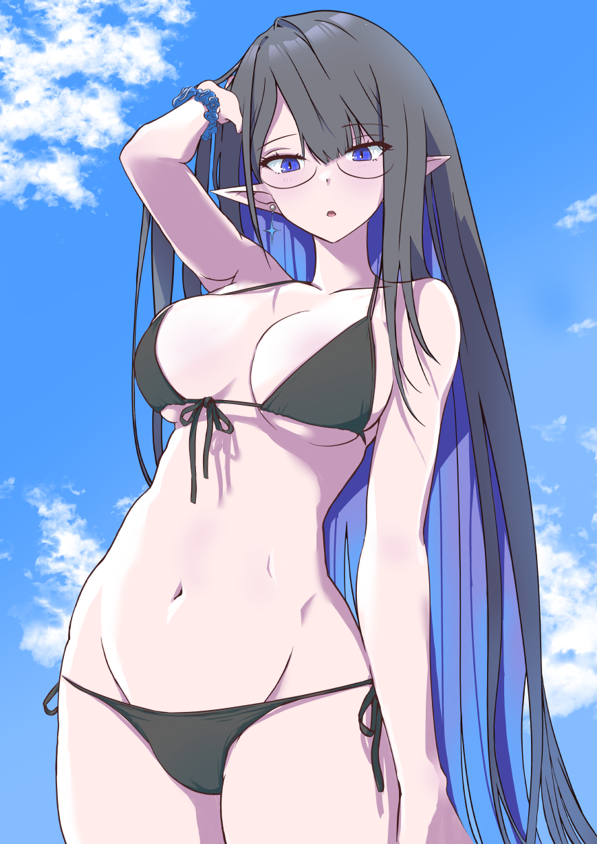 :o alternate_costume bikini black_bikini blue_archive blue_eyes blue_hair breasts brown_hair cloud colored_inner_hair earrings front-tie_bikini_top front-tie_top glasses grey_hair hand_in_own_hair hand_up highres jewelry large_breasts long_hair looking_at_viewer lowleg lowleg_bikini multicolored_hair navel p.i.t.d pointy_ears rimless_eyewear rin_(blue_archive) scrunchie side-tie_bikini_bottom sky slit_pupils swimsuit two-tone_hair very_long_hair wrist_scrunchie