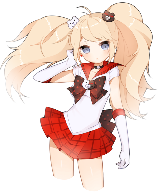 1girl ahoge bad_id bad_pixiv_id bear_hair_ornament bishoujo_senshi_sailor_moon blue_eyes bow checkered_clothes checkered_skirt choker cosplay danganronpa:_trigger_happy_havoc danganronpa_(series) earrings elbow_gloves enoshima_junko female_focus gloves hair_ornament jewelry long_hair magical_girl monokuma pink_hair sailor_collar sailor_senshi sailor_senshi_(cosplay) skirt solo spoilers twintails unofficial_sailor_senshi_uniform uttao white_gloves