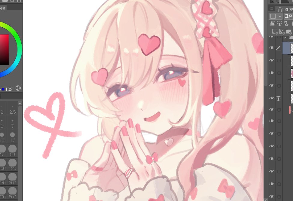 1girl accessories art_program_in_frame blonde_hair blue_eyes blush bow_print casual chi_kan100 choker collarbone facial_mark gyaru hair_between_eyes hair_ornament hair_ribbon hair_scrunchie hands_up head_tilt heart heart_facial_mark heart_hair_ornament heart_sticker high_side_ponytail jewelry kedarui_aashii kimi_no_koto_ga_dai_dai_dai_dai_daisuki_na_100-nin_no_kanojo kogal long_sleeves looking_at_viewer multiple_rings off-shoulder_shirt off_shoulder open_mouth own_hands_together pink_choker pink_ribbon pink_scrunchie ribbon ring screencap scrunchie shirt simple_background smile solo steepled_fingers white_background white_shirt