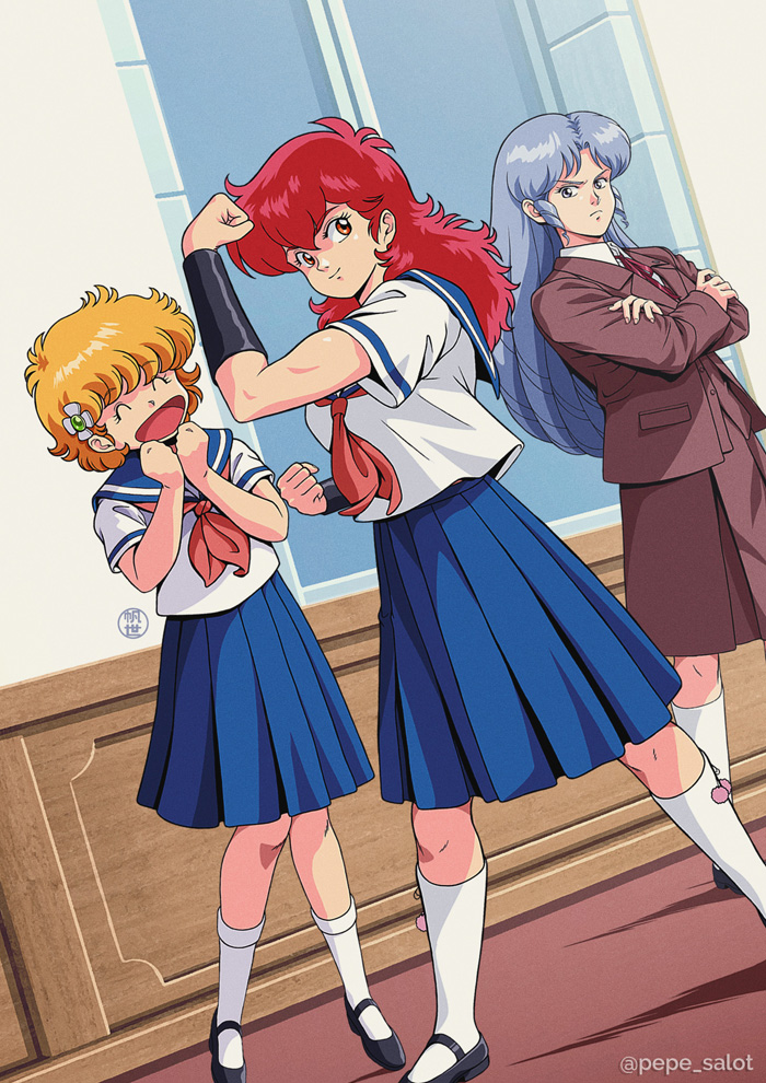 1980s_(style) 3girls ^_^ biceps blazer blonde_hair blue_hair blue_sailor_collar blue_skirt brown_jacket brown_skirt clenched_hands closed_eyes commentary daitokuji_biko drill_hair dutch_angle english_commentary flexing flower hair_flower hair_ornament jacket jose_salot kneehighs kotobuki_shiiko long_hair long_skirt magami_eiko mullet multiple_girls oldschool open_mouth project_a-ko red_eyes red_hair retro_artstyle sailor_collar school_uniform serafuku short_hair skirt smile socks standing vambraces white_socks