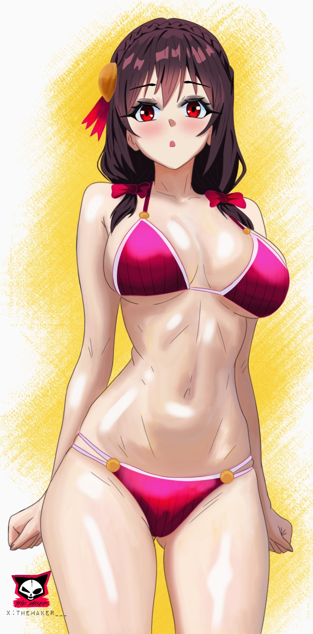 bare_shoulders breasts brown_hair frontal_wedgie hair_ribbon highres kono_subarashii_sekai_ni_shukufuku_wo! large_breasts looking_at_viewer open_mouth red_eyes ribbon shiny_skin short_twintails swimsuit themaker twintails wedgie yunyun_(konosuba)