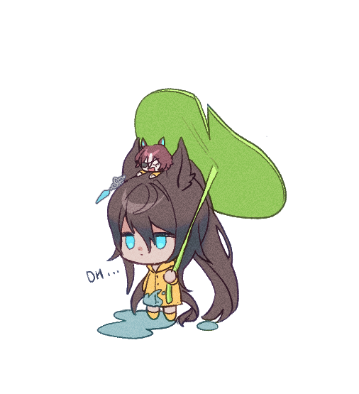2girls animal_ears aqua_eyes brown_hair chibi closed_mouth dark-skinned_female dark_skin full_body holding holding_leaf horse_ears horse_girl horse_tail jitome leaf leaf_umbrella long_hair mini_person minigirl multiple_girls ponytail puddle raincoat simple_background standing symboli_kris_s_(umamusume) tail tanino_gimlet_(umamusume) uma_ozisan umamusume wet wet_clothes white_background