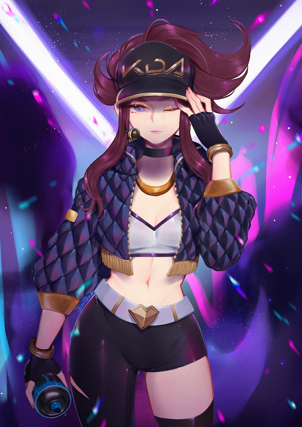 1girl akali anntan baseball_cap belt bracelet breasts brown_hair choker crop_top fingerless_gloves gloves hat highres jacket jewelry k/da_(league_of_legends) k/da_akali league_of_legends long_hair looking_at_viewer midriff navel one_eye_closed ponytail purple_eyes single_leg_pantyhose single_thighhigh small_breasts solo spray_can thighhighs