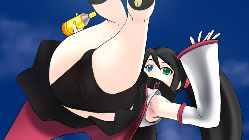 1girl armpits ass black_hair black_panties blue_eyes detached_sleeves green_eyes hair_ornament haruyama_kazunori heterochromia long_hair looking_at_viewer panties sega_hard_girls sega_saturn_(sega_hard_girls) skirt solo twintails underwear