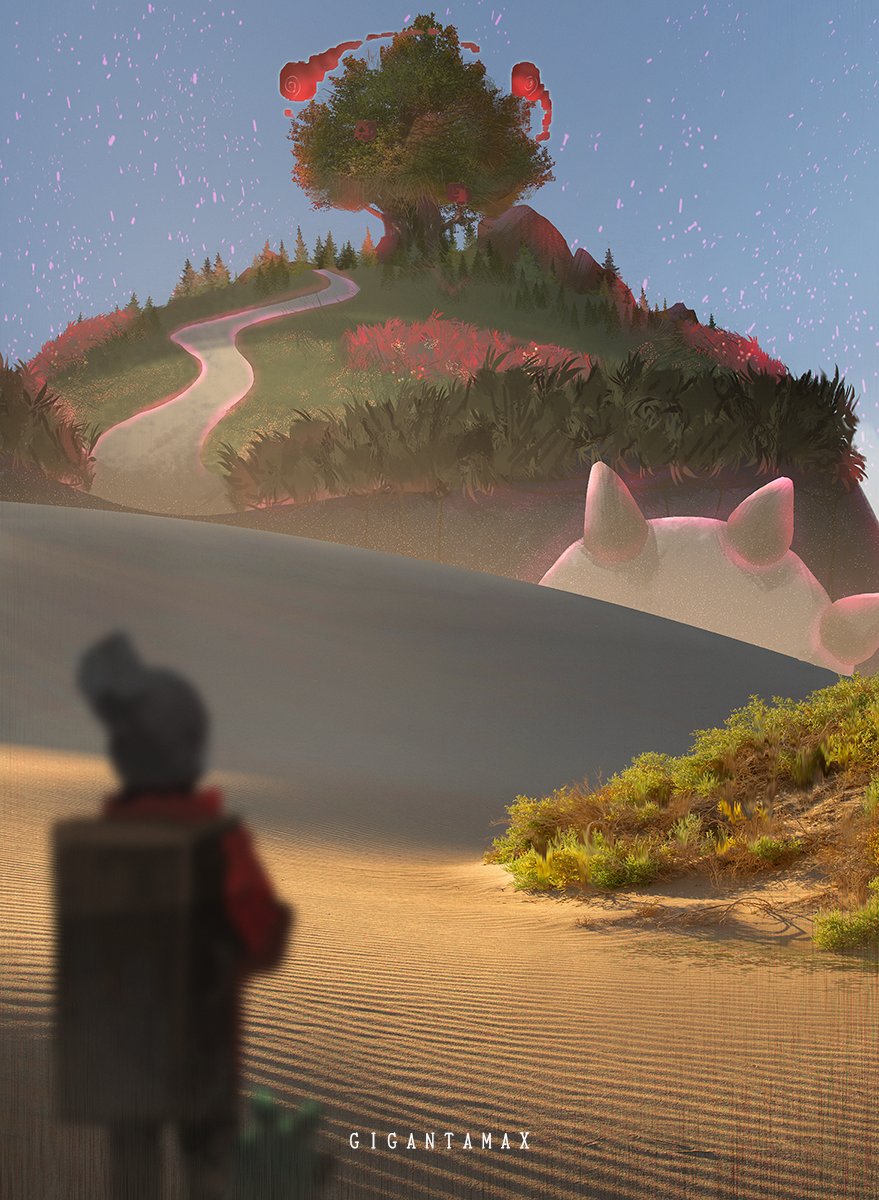 1boy backpack bag beanie blurry blurry_foreground dynamax forest gen_1_pokemon gen_8_pokemon gigantamax gigantamax_snorlax grookey hat head_out_of_frame highres lying nature nintendo on_back otsumami_(bu-bu-heaven) path pokemon pokemon_(creature) pokemon_swsh road rock sand snorlax solo tree victor_(pokemon)