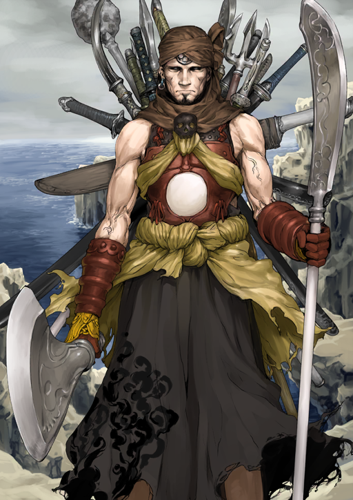 1boy arm_at_side armor asymmetrical_dual_wielding bare_shoulders black_facial_hair black_sclera black_skirt breastplate brown_gloves brown_headscarf closed_mouth colored_sclera dual_wielding earrings facial_hair fate/grand_order fate_(series) feet_out_of_frame frown gloves goatee headscarf holding holding_polearm holding_weapon jewelry legs_apart looking_at_viewer male_focus multiple_weapons musashibou_benkei_(fate) no_eyebrows ocean official_art outdoors overcast polearm sheath sheathed shinjirou skirt sky solo standing sword third-party_source toned toned_male too_many_weapons torn_clothes trident veins weapon weapon_on_back weapon_request white_eyes