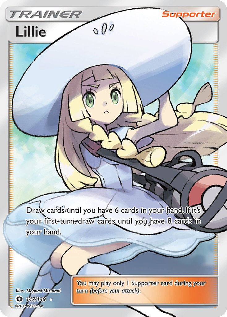 1girl artist_name bag blonde_hair character_name closed_mouth copyright_name copyright_notice dress english_text eyelashes green_eyes hand_on_headwear hat lillie_(pokemon) long_hair mizutani_megumi nintendo official_art pokemon pokemon_card pokemon_sm pokemon_tcg sleeveless sleeveless_dress solo third-party_source trading_card white_dress white_hat