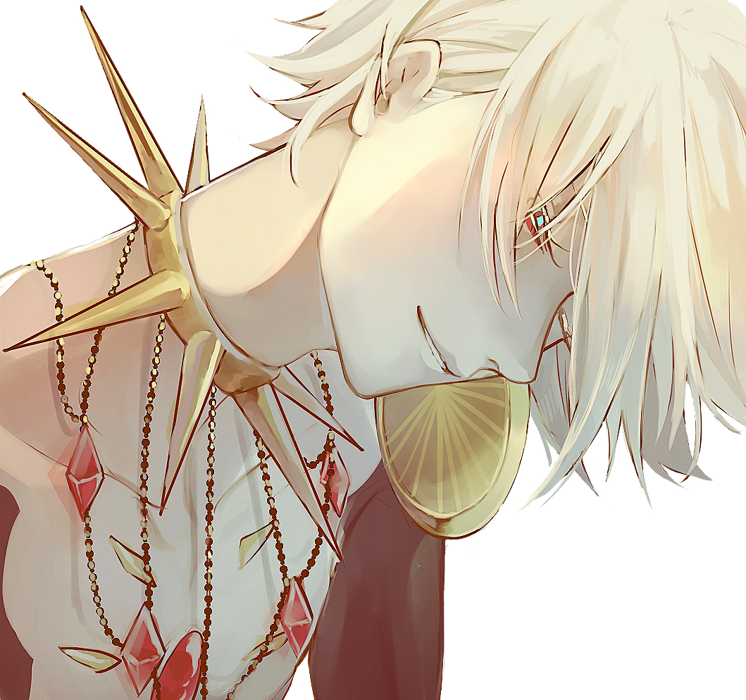 1boy bishounen blue_eyes collar colored_eyelashes commentary_request fate/apocrypha fate_(series) from_side karna_(fate) male_focus narrowed_eyes one_eye_closed pale_skin parted_lips portrait short_hair sidelighting sm smile solo spiked_collar spikes white_background white_hair