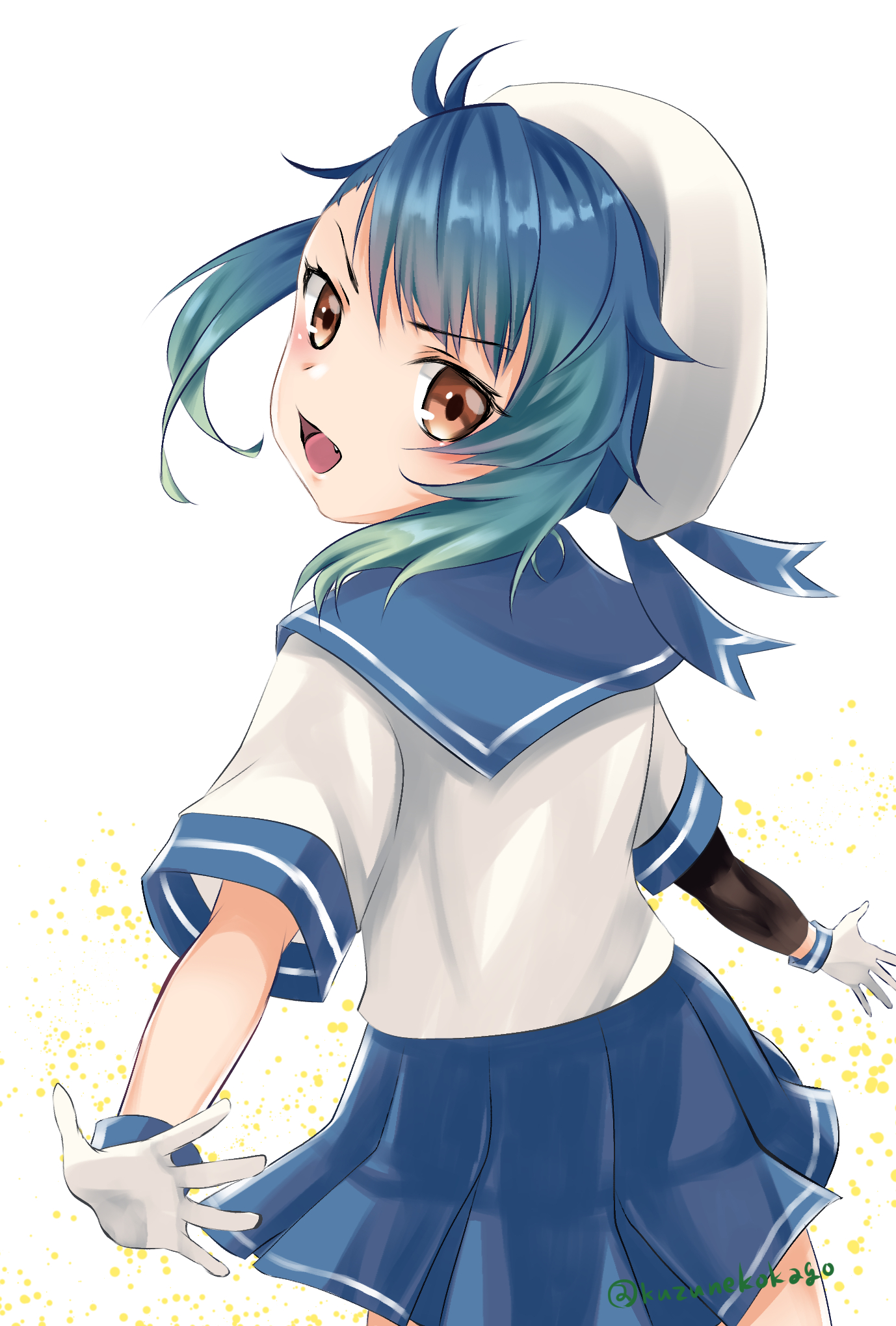 1girl back blue_hair blue_neckerchief blue_sailor_collar blue_skirt brown_eyes fukae_(kancolle) gloves gradient_hair hat highres kantai_collection looking_back multicolored_hair neckerchief open_mouth pleated_skirt sailor_collar sailor_hat school_uniform serafuku shizukuneko short_hair side_ponytail skirt white_gloves