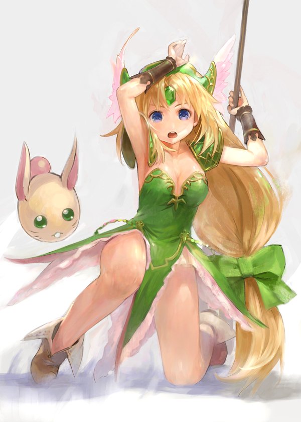 1girl armpits blonde_hair blue_eyes bow breasts cleavage commentary creature dress full_body green_bow grey_background hair_bow helmet kneeling long_hair low-tied_long_hair medium_breasts mizore_akihiro on_one_knee open_mouth polearm rabite_(seiken_densetsu) riesz round_teeth seiken_densetsu seiken_densetsu_3 simple_background teeth thighs very_long_hair weapon winged_helmet