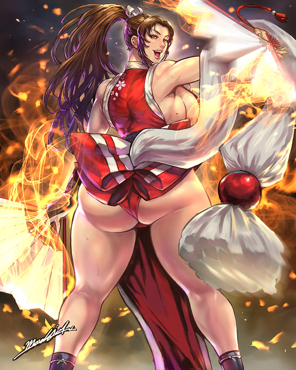 1girl ass breasts brown_hair fatal_fury fire from_behind huge_ass huge_breasts large_breasts long_hair looking_at_viewer looking_back madowl ninja ponytail shiranui_mai shoes the_king_of_fighters thick_thighs thighs