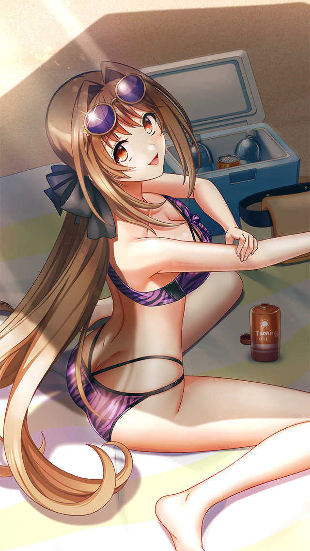 1girl :d applying_sunscreen ass bare_arms bare_legs barefoot bikini blush breasts brown_eyes brown_hair cleavage day doukyuusei_(series) doukyuusei_another_world eyewear_on_head from_above game_cg hair_intakes kakyuusei_(series) kakyuusei_2 long_hair looking_at_viewer lotion medium_breasts official_art open_mouth outdoors print_bikini purple-tinted_eyewear purple_bikini saimon_tamaki sitting smile solo sunglasses sunscreen swimsuit tinted_eyewear very_long_hair wariza