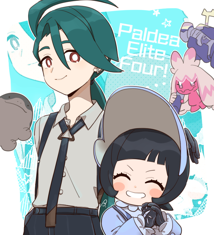 2girls bebe_0620 black_gloves black_hair black_necktie black_pants bonnet clodsire closed_eyes closed_mouth collared_shirt gloves green_hair grey_shirt grin hair_between_eyes multiple_girls necktie nintendo pants pokemon pokemon_(creature) pokemon_sv poppy_(pokemon) rika_(pokemon) shirt short_hair smile tinkaton zoom_layer