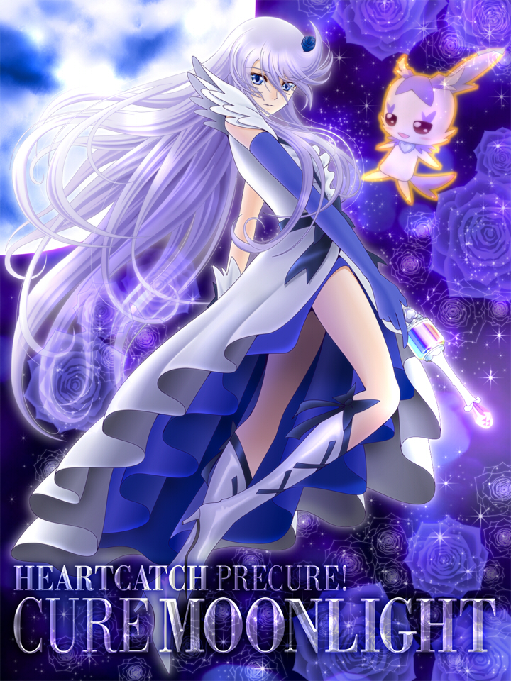 10s 1girl blue_eyes blue_flower blue_rose boots bow character_name cologne_(heartcatch_precure!) copyright_name cure_moonlight dress elbow_gloves flower flower_tact frills full_moon gloves hair_flower hair_ornament heartcatch_precure! knee_boots long_hair magical_girl moon precure purple_background purple_flower purple_hair purple_rose purple_theme rose sekken_kasu_barrier single_elbow_glove single_glove sparkle tsukikage_yuri wand