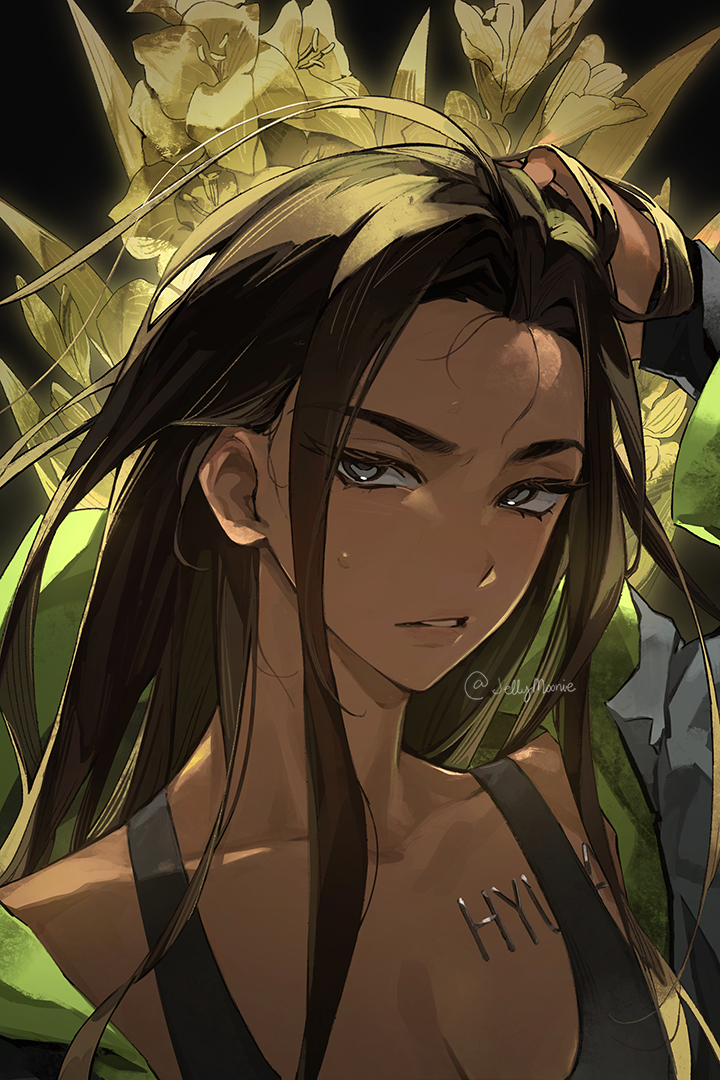 1girl alien_stage black_tank_top breasts brown_hair chest_tattoo cleavage commentary dark-skinned_female dark_skin english_commentary flower grey_eyes hand_on_own_head hyuna_(alien_stage) lily_(flower) long_hair moonie parted_lips portrait signature solo tank_top tattoo