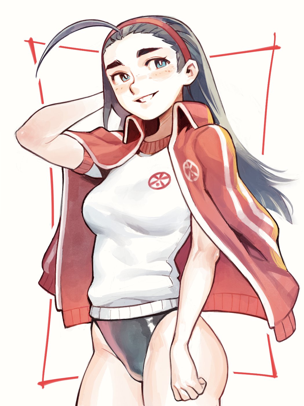 1girl black_hair blue_buruma blue_eyes breasts buruma closed_mouth commentary crossed_arms effy_neprin english_commentary grey_background grey_eyes gym_shirt gym_shorts gym_uniform hairband highres iinchou_(justice_gakuen) jacket jacket_on_shoulders justice_gakuen lips long_hair looking_at_viewer pacific_high_school_uniform red_hairband school_uniform shiny_skin shirt short_sleeves shorts small_breasts smile solo taiyou_gakuen_uniform thighs track_jacket white_background