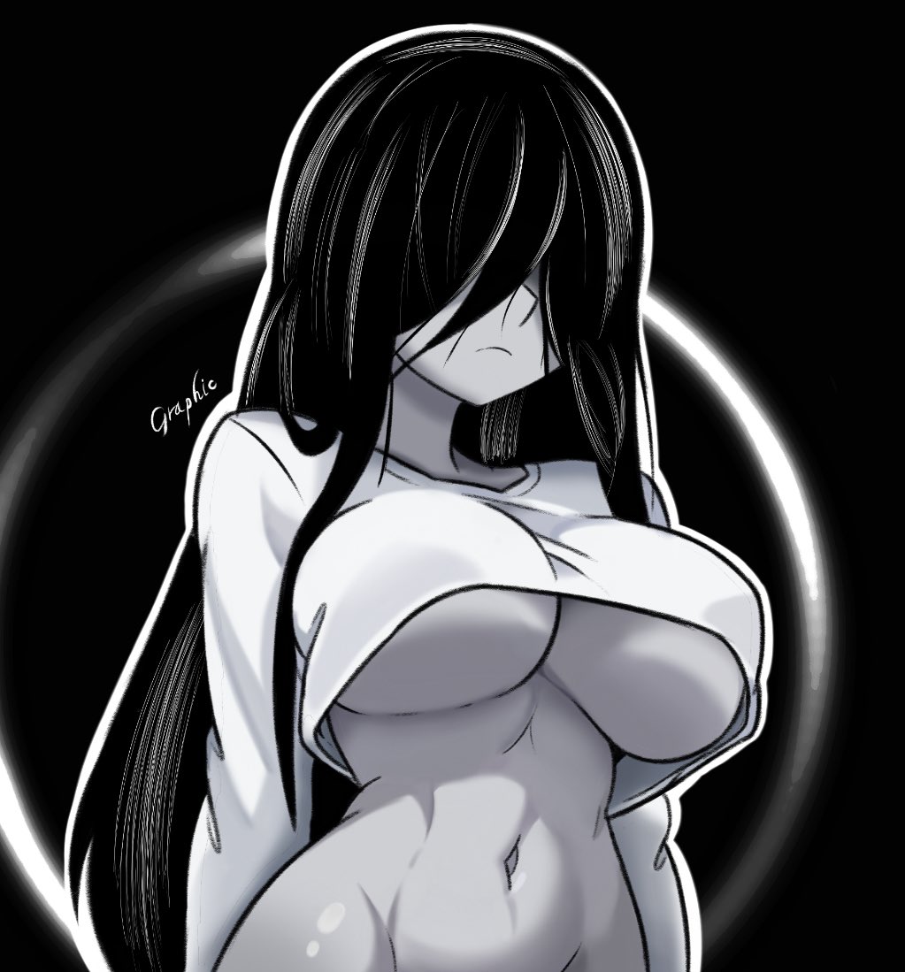 1girl artist_name black_hair bottomless breasts expressionless graphicthereal hair_over_eyes large_breasts long_hair navel no_bra shirt the_ring toned underboob very_long_hair yamamura_sadako