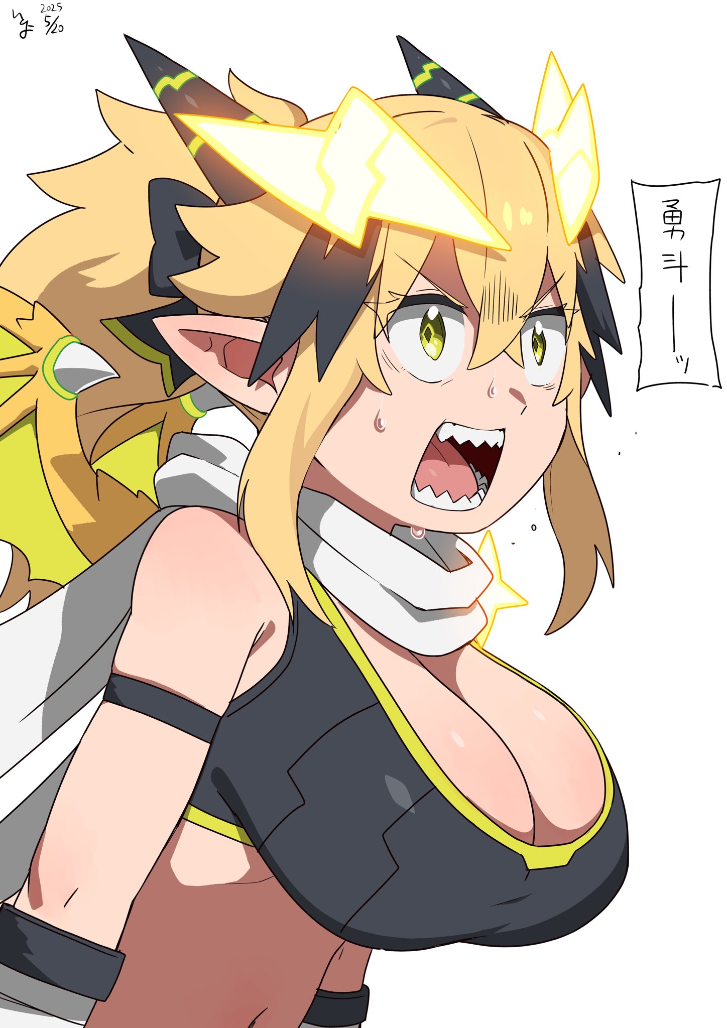 blonde_hair breasts cleavage crossed_bangs dragon_girl dragon_horns dragon_wings hair_ornament highres horns itoriyo large_breasts lightning_bolt lightning_bolt_hair_ornament lightning_bolt_symbol pointy_ears raisei_no_ryu_tsukai ribbed_tank_top san-chan sharp_teeth simple_background sports_bra teeth white_background wings
