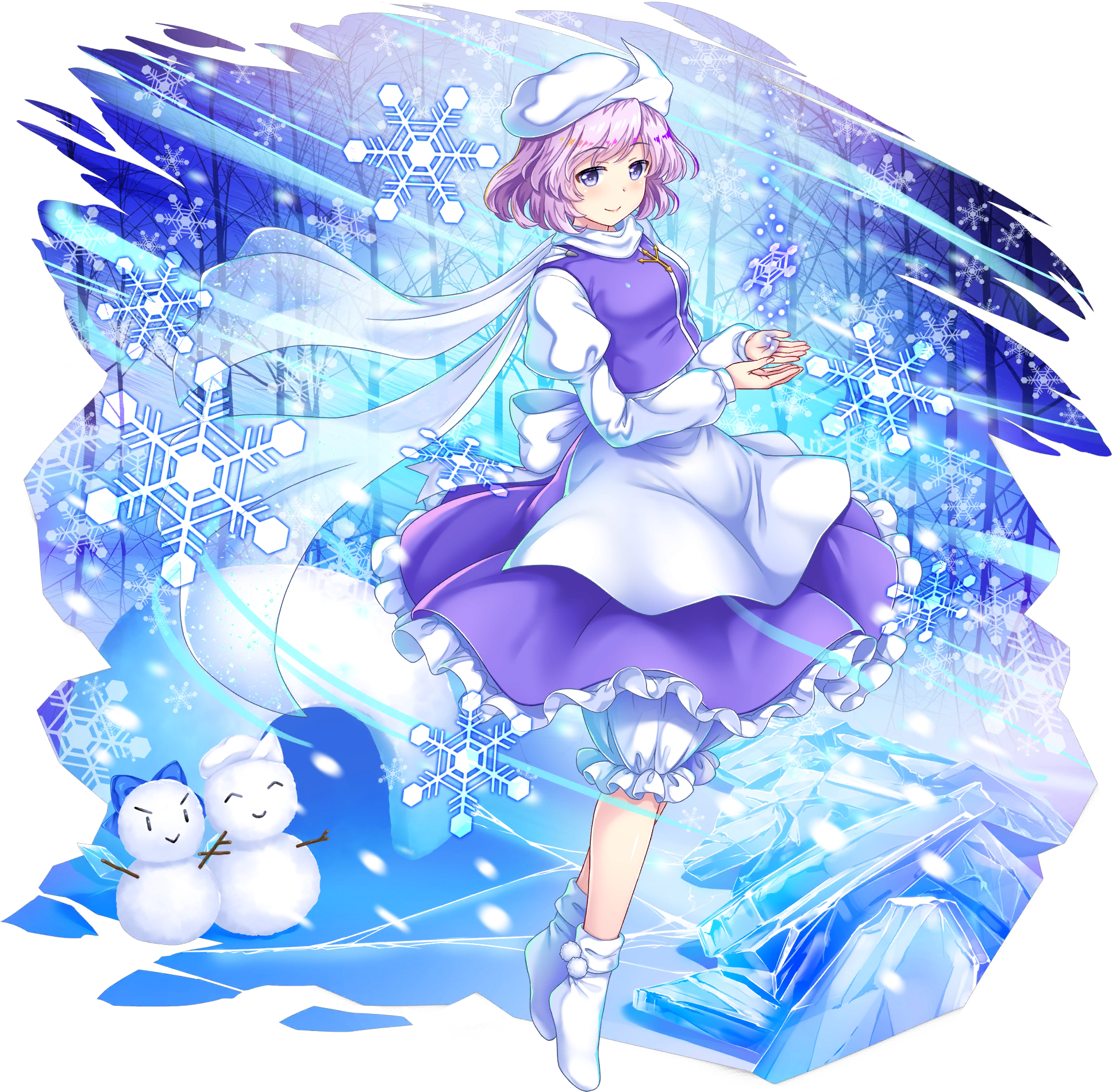 1girl apron back_bow bow breasts character_snowman cirno closed_mouth frilled_skirt frills full_body game_cg highres ice igloo juliet_sleeves lapel_pin letty_whiterock long_sleeves looking_at_viewer medium_hair official_art puffy_sleeves purple_eyes purple_hair purple_skirt purple_vest rotte_(1109) scarf see-through_clothes see-through_scarf skirt smile snow snow_shelter snowflakes snowman socks solo third-party_source touhou touhou_lostword transparent_background vest waist_apron white_apron white_bow white_scarf white_socks